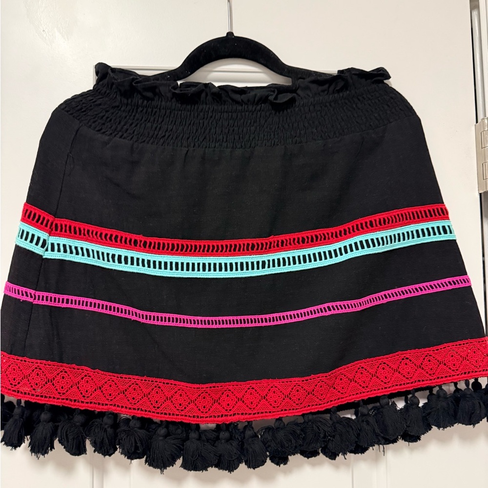 Free the Roses Black Mini Skirt with Red, Aqua & Fuchsia Trim